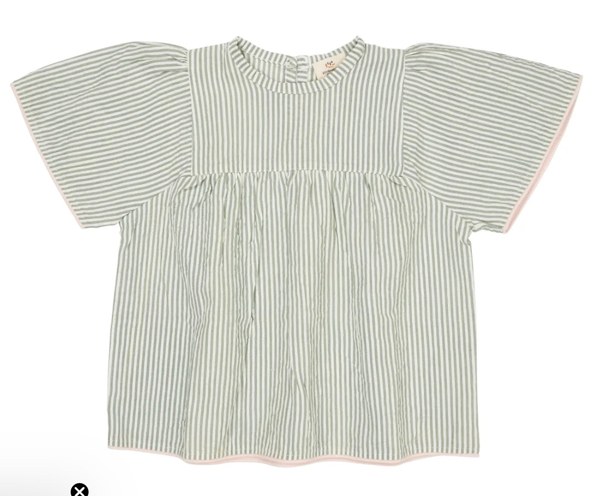 Bluse Seersucker Contrast Edge Green Cream