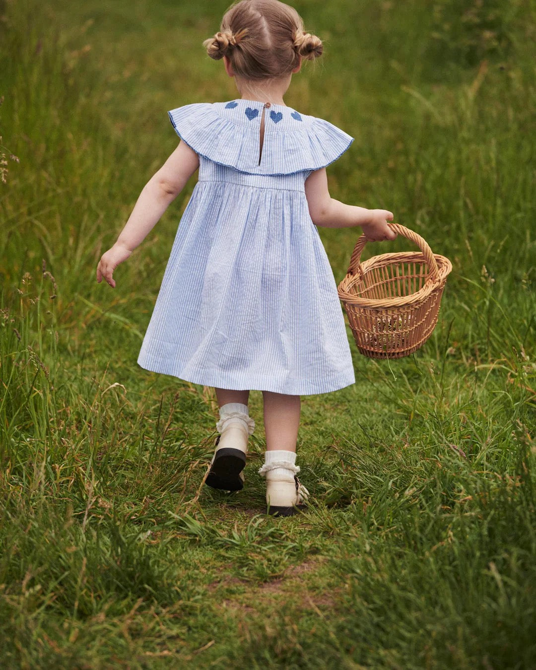 Kjole Seersucker Dress Heart Sky Blue w. Cream Stripe/Ocean Blue