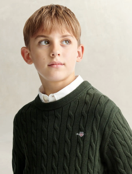 Genser Shield Cable Crew Neck Dark Moss Green