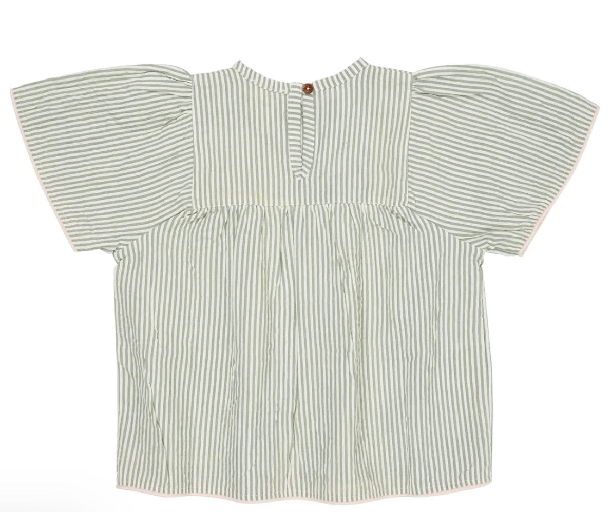 Bluse Seersucker Contrast Edge Green Cream