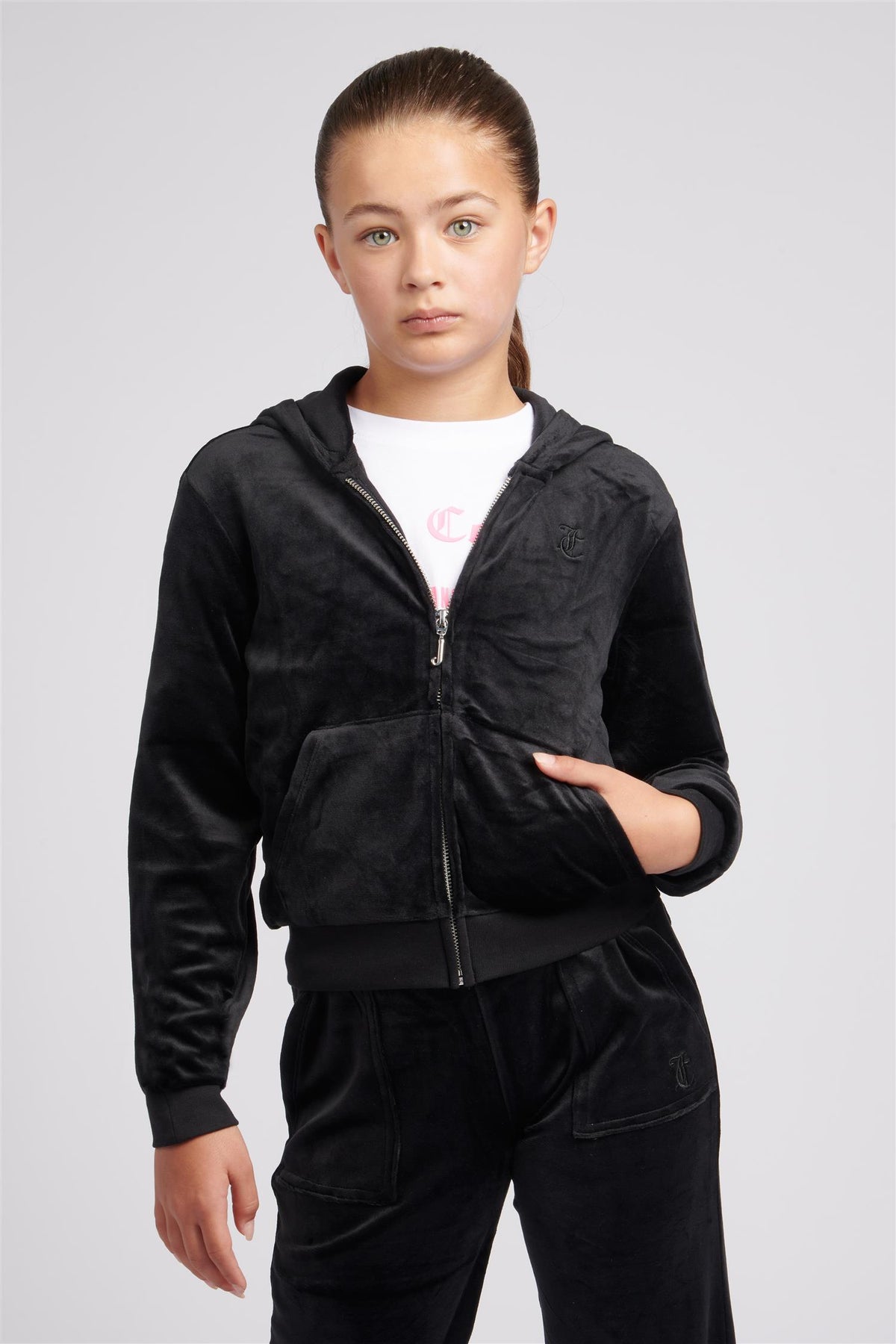 Tonal Embro Velour Zip Hoodie Jet Black