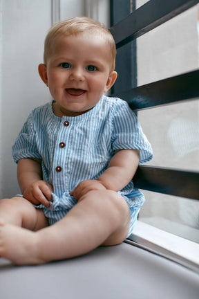 Romper Seersucker Sky Blue/Cream Stripe
