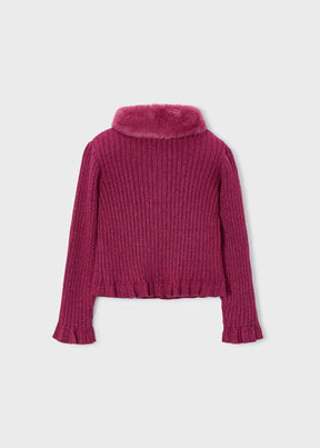 Cardigan Faux Fur Collar Cherry
