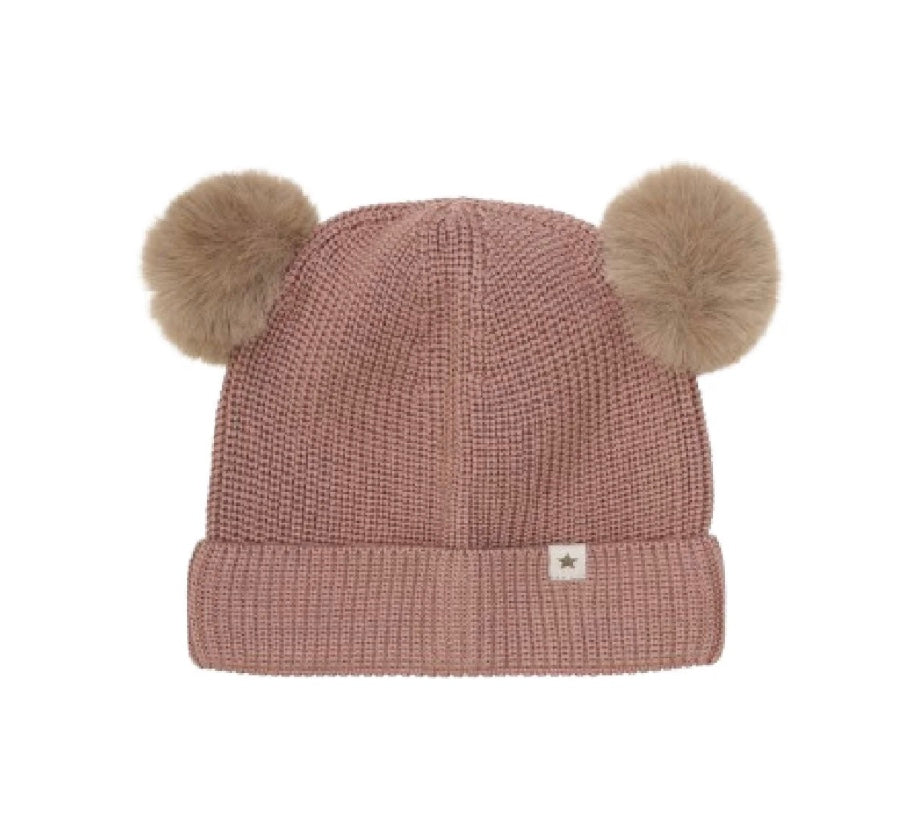 Lue Beanie Wool Knit Pompoms Burlwood