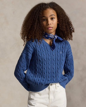 Genser Cable Knit V-Neck Royal Heather