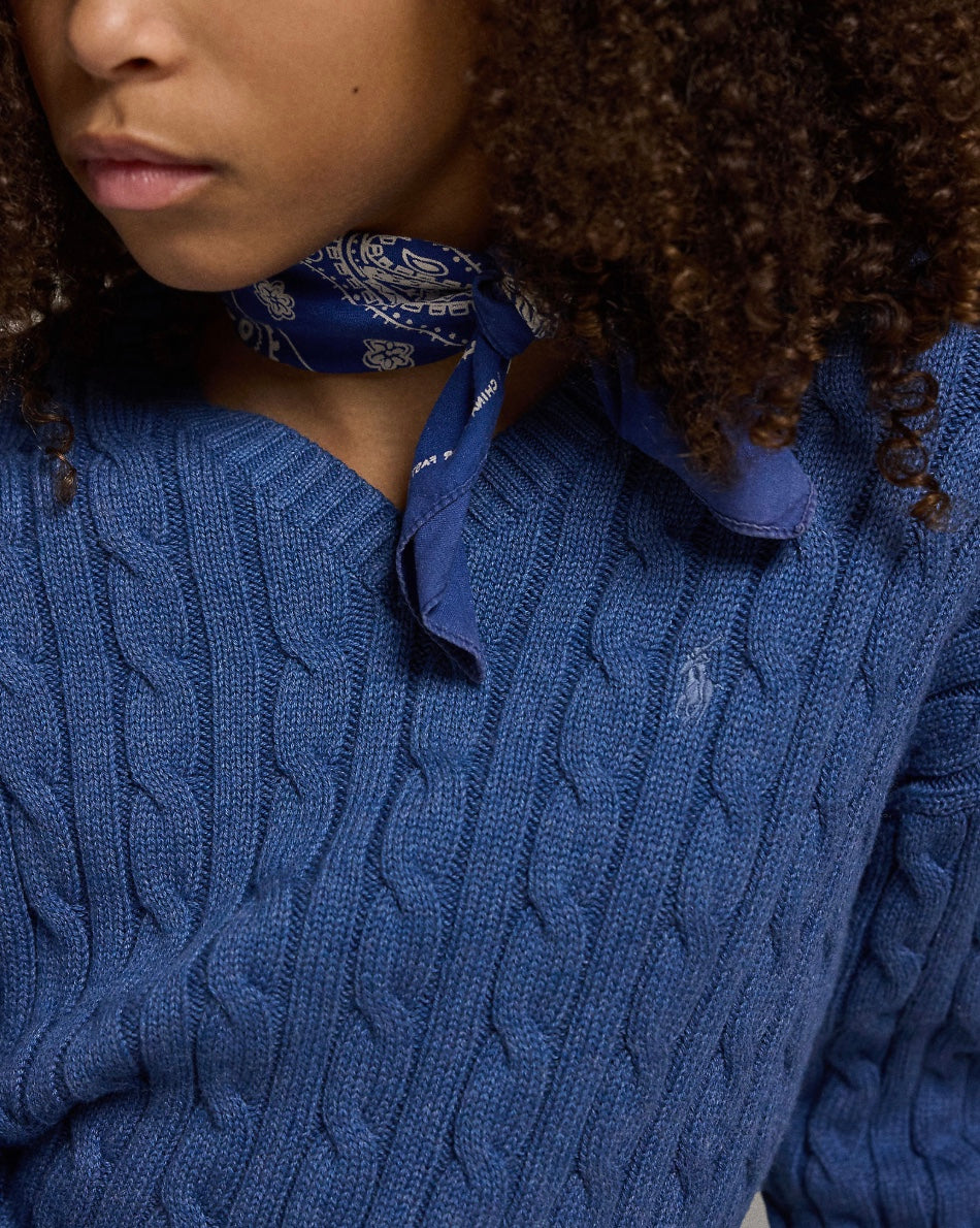 Genser Cable Knit V-Neck Royal Heather