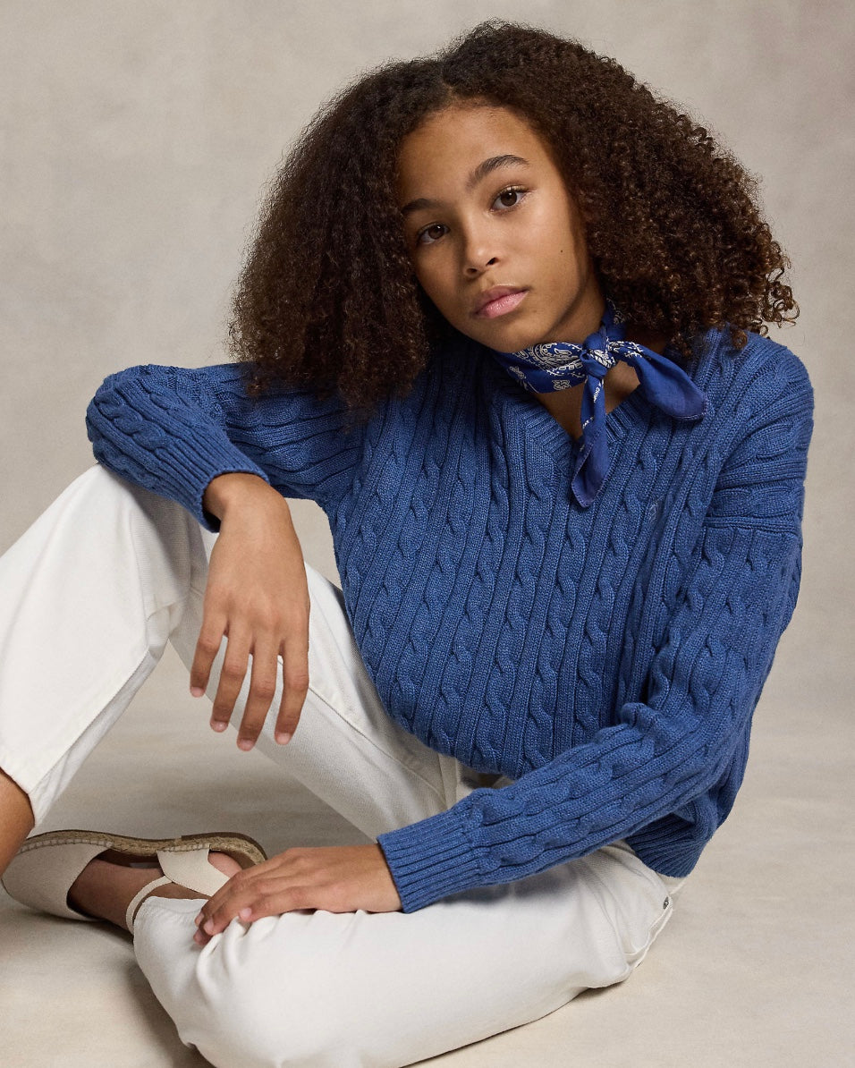 Genser Cable Knit V-Neck Royal Heather