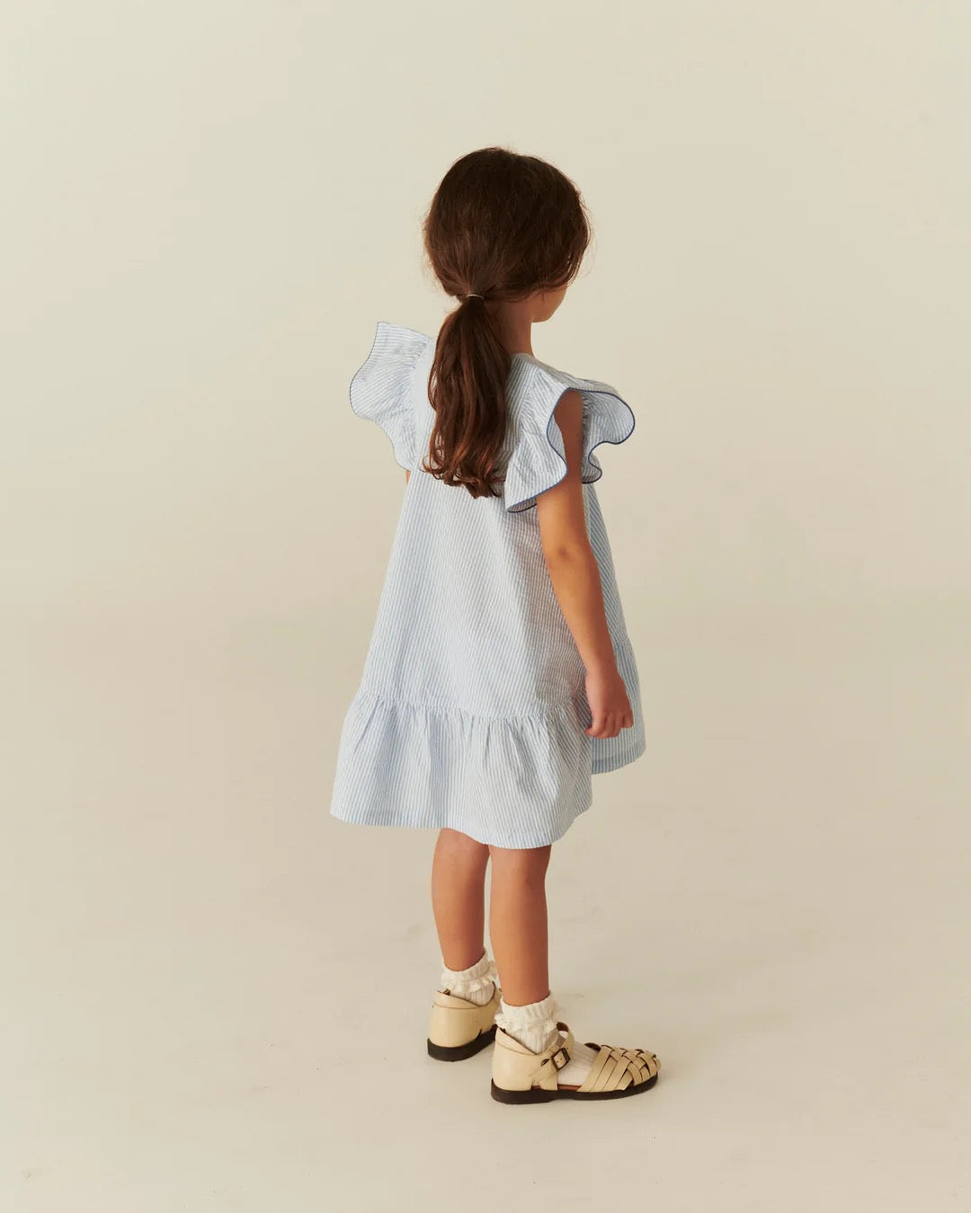 Kjole Seersucker Frill Sky Blue w Cream Stripe/Ocean Blue