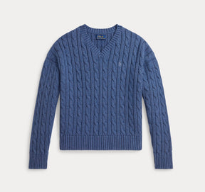 Genser Cable Knit V-Neck Royal Heather