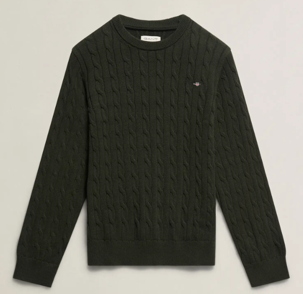 Genser Shield Cable Crew Neck Dark Moss Green