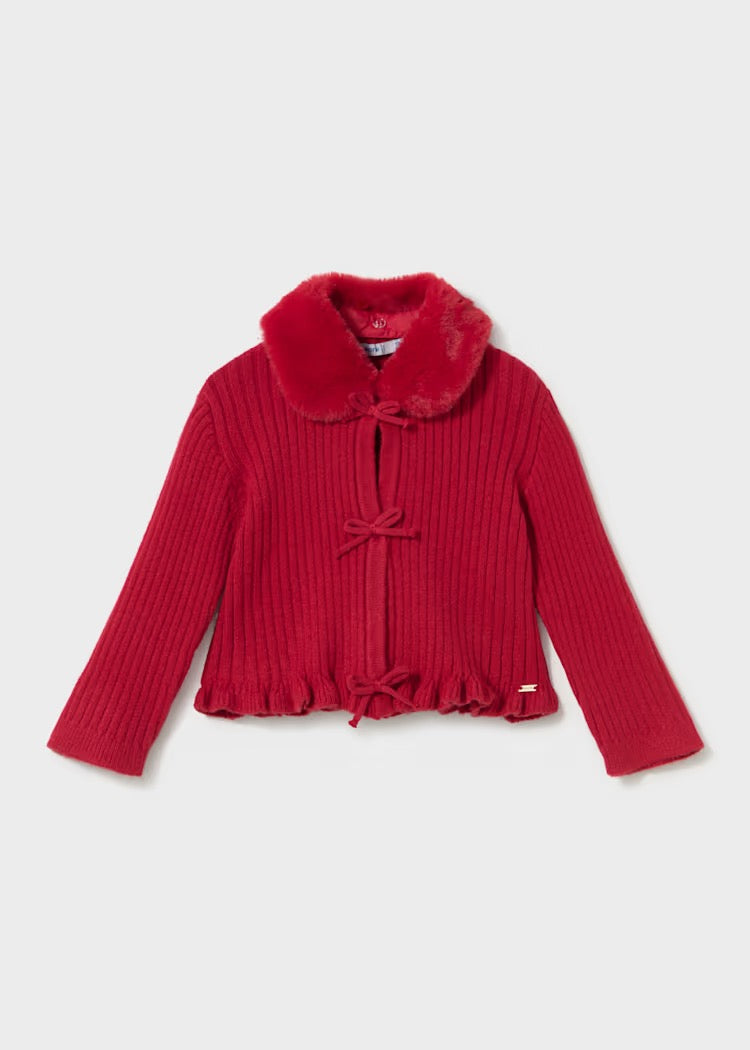 Cardigan Faux Fur Bow Red