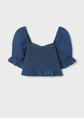 Croptop med puffermer denim Mørk Blå