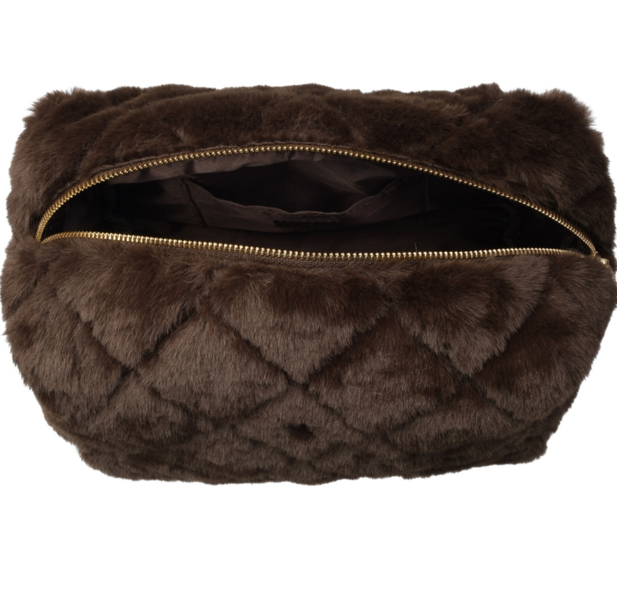 Faux Fur Quilted Make-Up Pouch Large Chocolate Brown