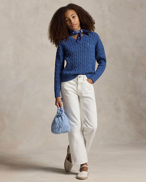 Genser Cable Knit V-Neck Royal Heather