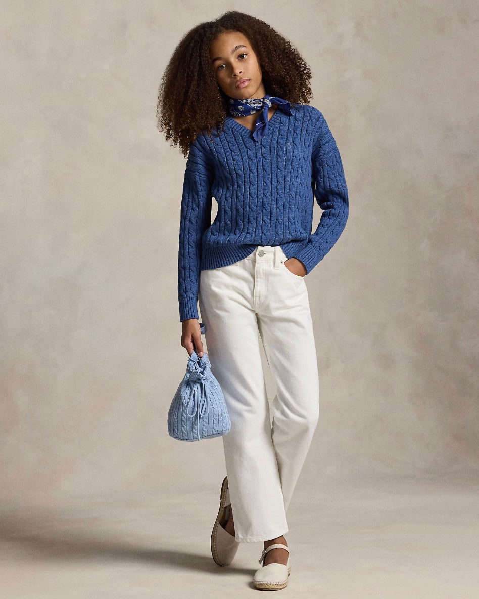 Genser Cable Knit V-Neck Royal Heather