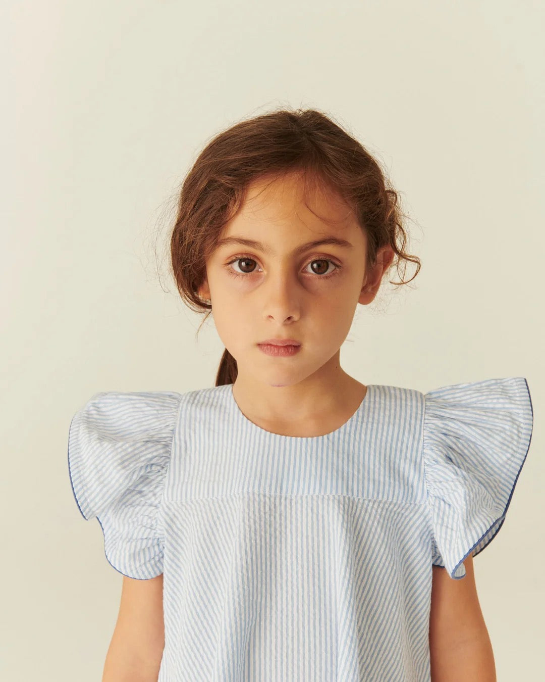 Kjole Seersucker Frill Sky Blue w Cream Stripe/Ocean Blue