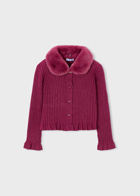 Cardigan Faux Fur Collar Cherry