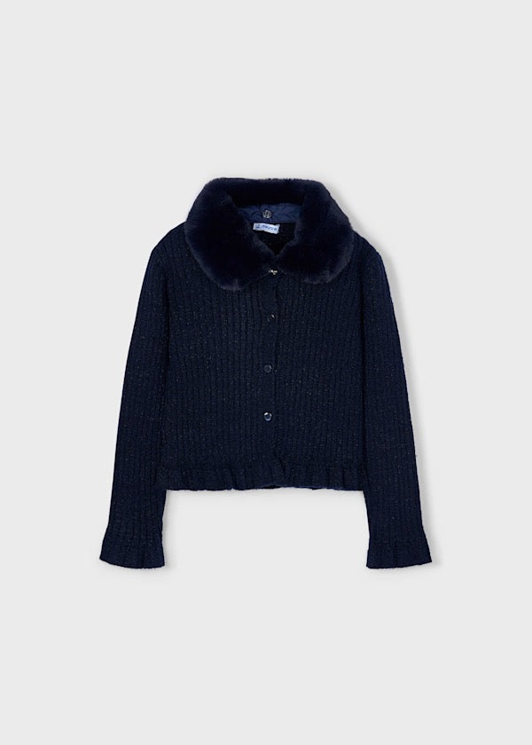 Cardigan Faux Fur Collar Navy