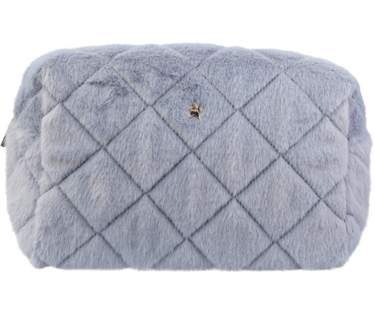 Faux Fur Quilted Make Up Pouch Large Cool Blue