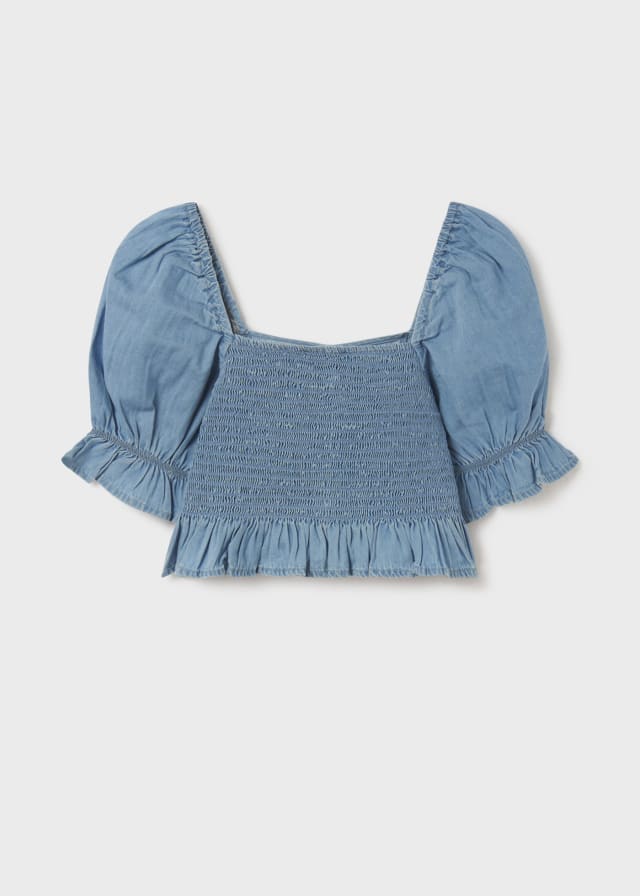 Croptop med puffermer denim Lys blå