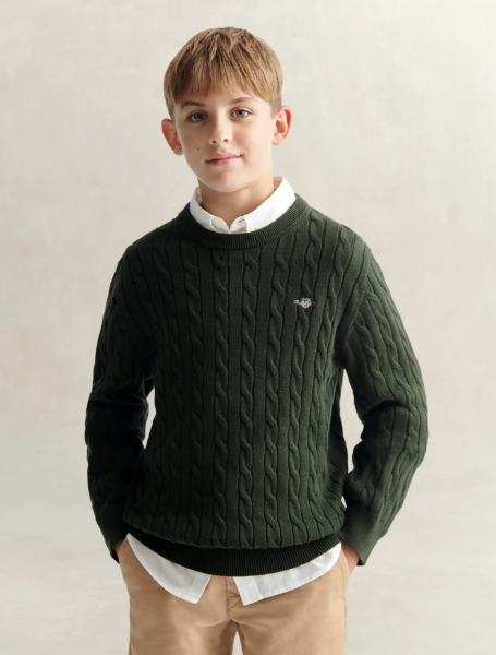 Genser Shield Cable Crew Neck Dark Moss Green