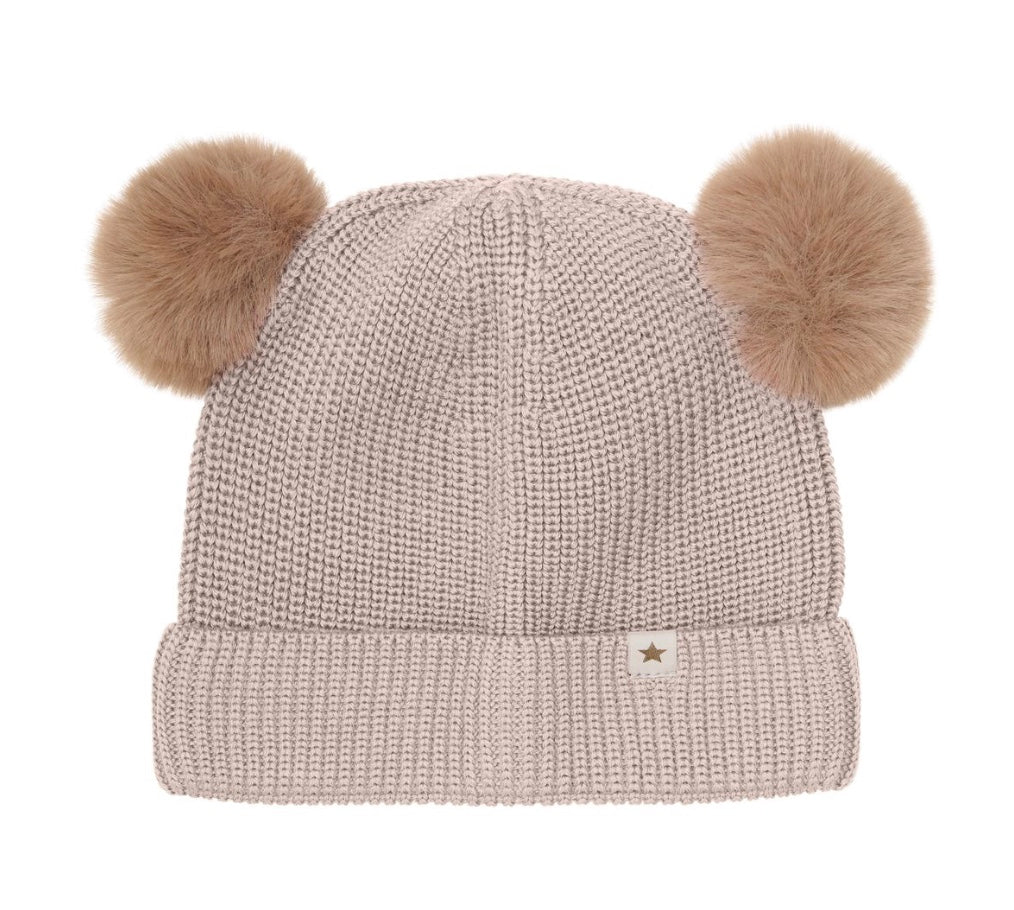 Lue Beanie Wool Knit Pompoms Camel Melange