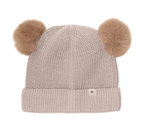 Lue Beanie Wool Knit Pompoms Camel Melange