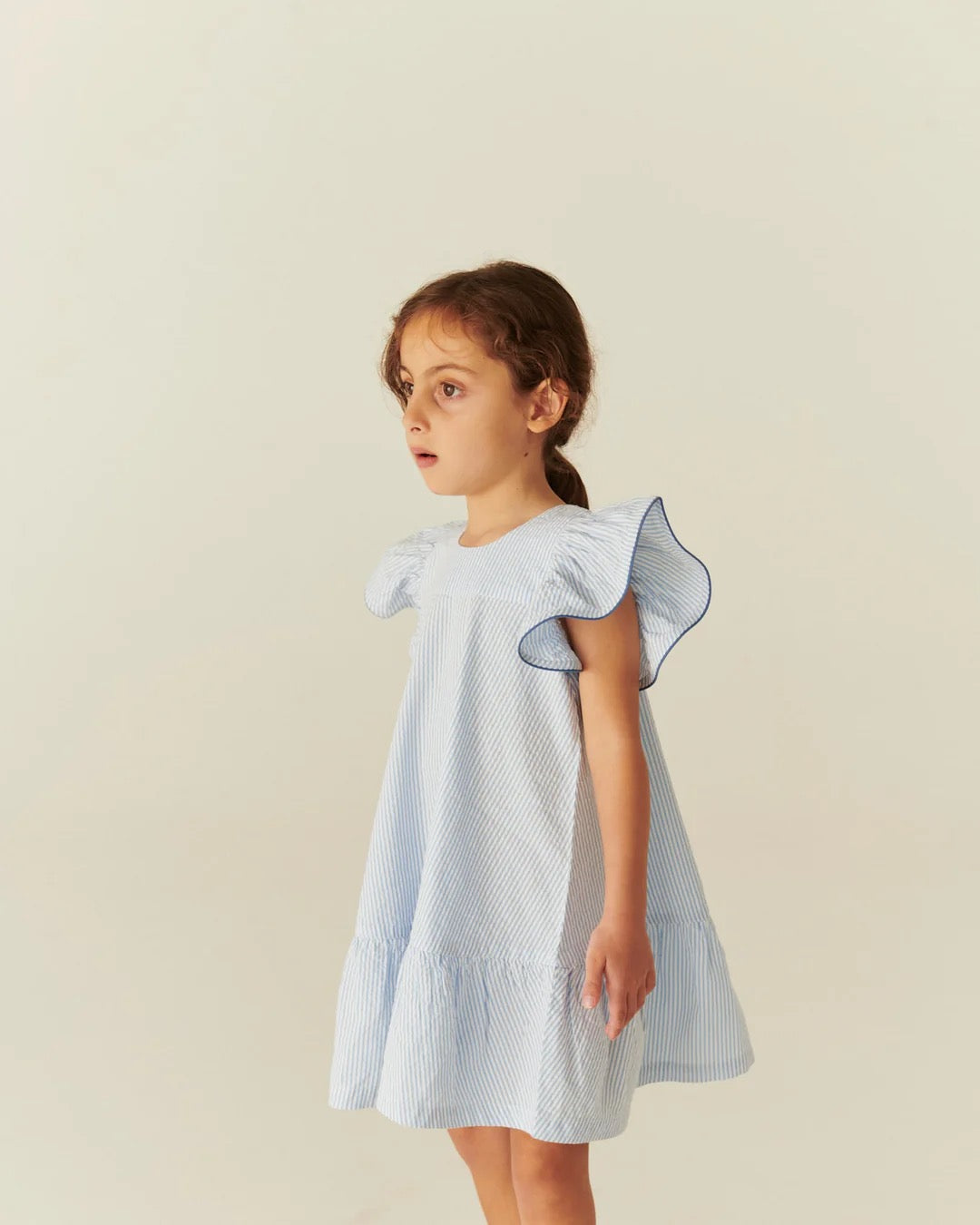 Kjole Seersucker Frill Sky Blue w Cream Stripe/Ocean Blue