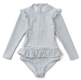 Sille Seersucker swim jumpsuit Y/D stripe: Sea blue/white